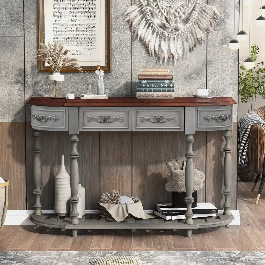 52 Inch Modern Curved Console Table Sofa Table Entryway Furniture u_style