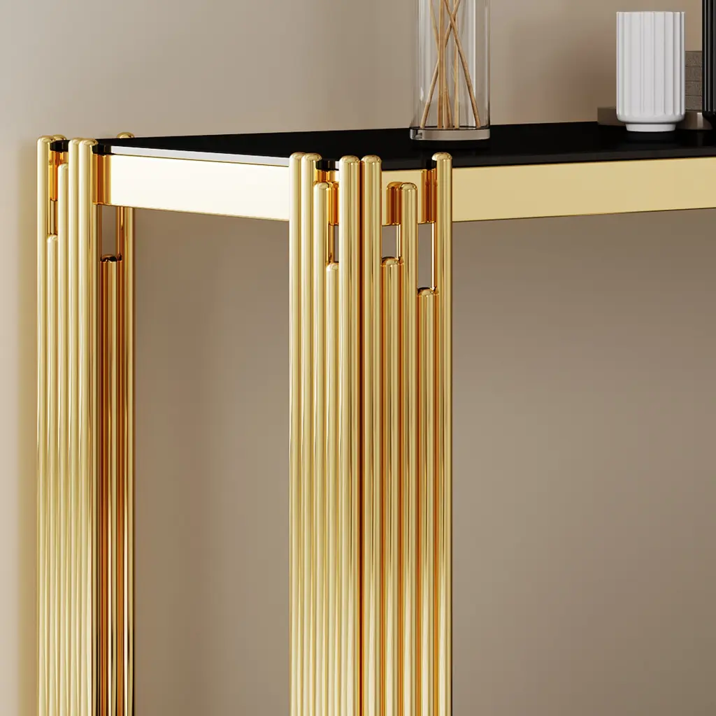Modern Tempered Crystal Top Console Table Precious Metal Stainless Alloy Frame w1311 artisan furniture