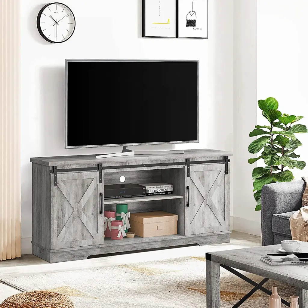 Modern Farmhouse Sliding Barn Door TV Stand 65-inch Television 59 Entertainment Center Movable Shelf Hosslly