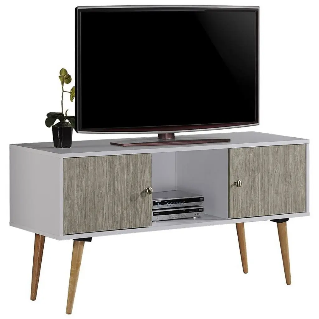 Pemberly Row 47 Wide Retro TV Stand White Gray Oak Living Room Entertainment Center