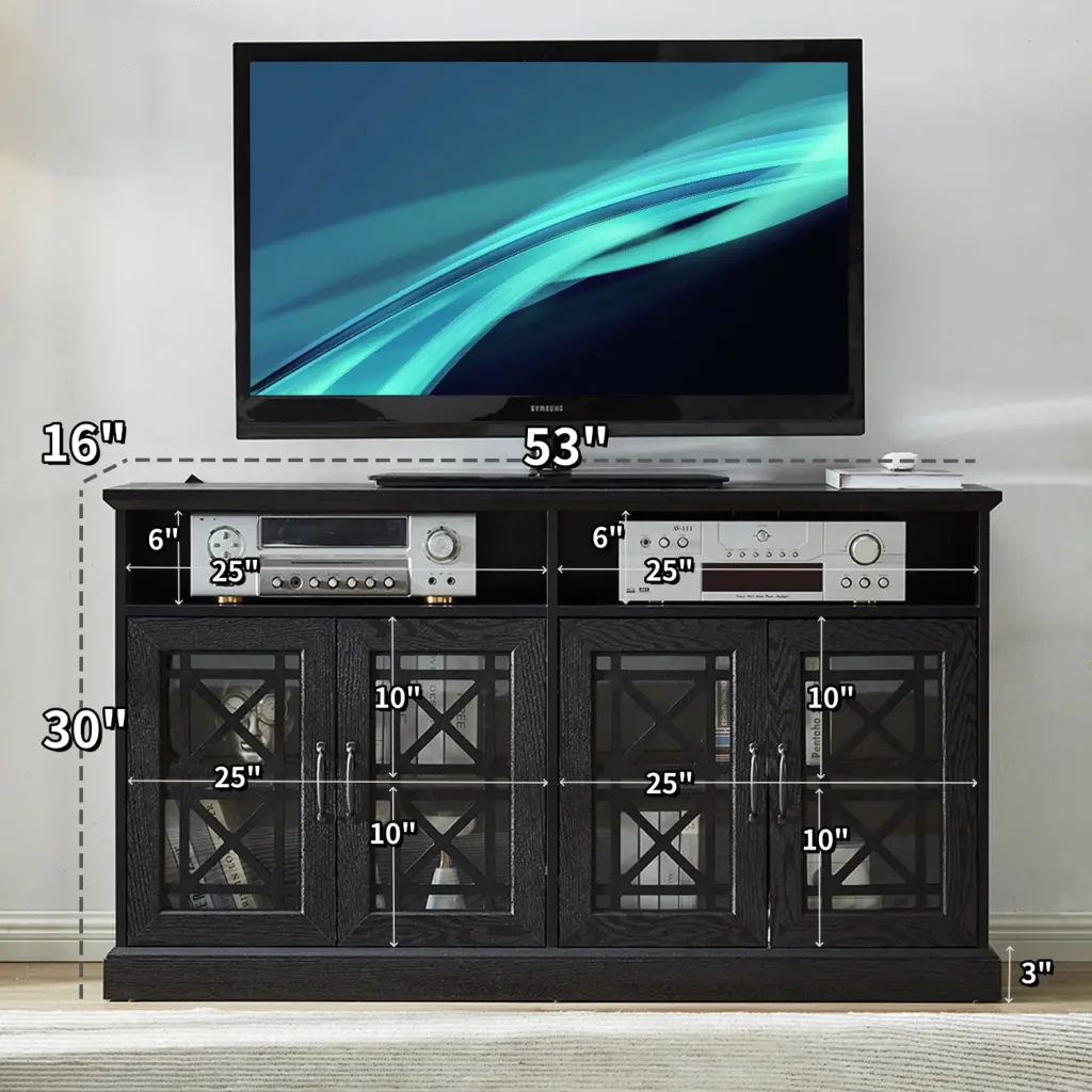 53 Inch TV Console Storage Buffet Cabinet Sideboard Black Wood Grain Finish Living Room Bedroom Kitchen QOOQI