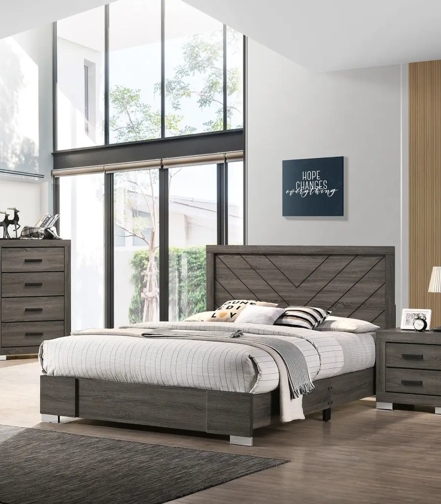 Contemporary Grey Finish One Kind King Size Bed Bedroom Furniture kanepe