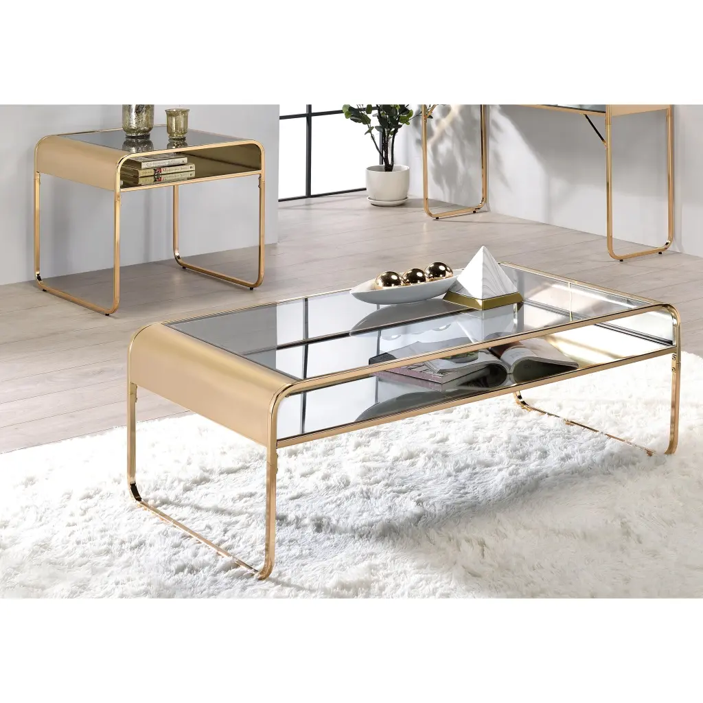 Furniture America Watler Contemporary Gold 48 Inch Glass Top Coffee Table Set