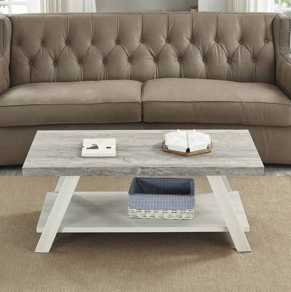 Athens Contemporary Two Tone Wood Shelf Coffee Table Weathered Gray Finish hz