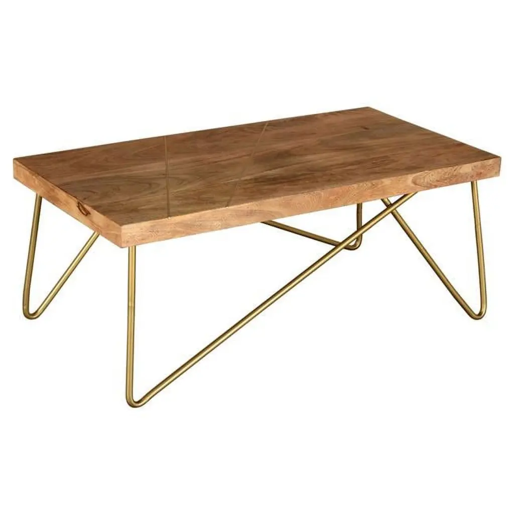 Madox Contemporary Solid Wood Iron Coffee Table Natural Aged Gold
