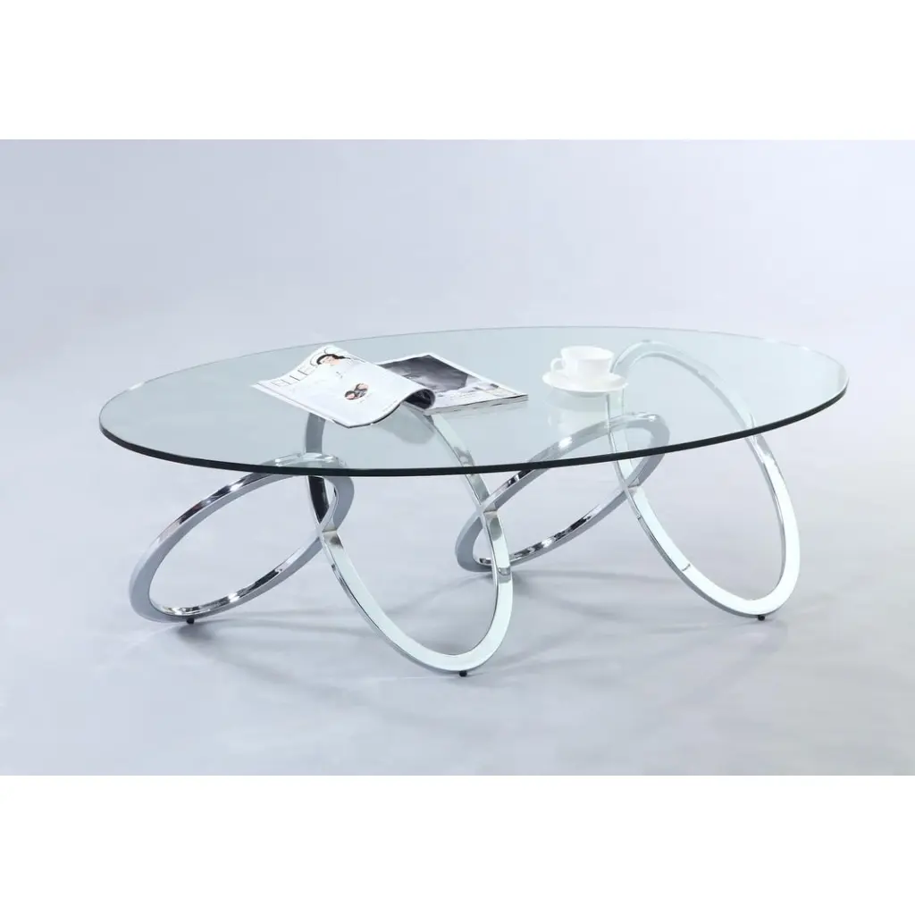 Somette Chrome and Glass Oval Cocktail Table Contemporary Living Room Centerpiece
