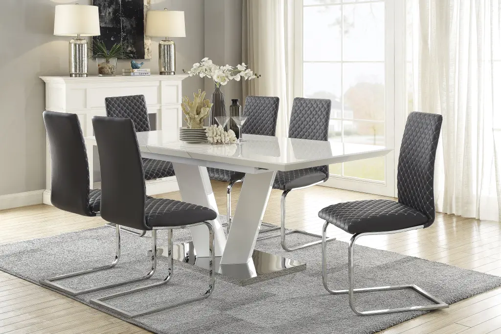 Modern Contemporary 7-Piece Dining Set White High Gloss Finish Table Extension kanepe