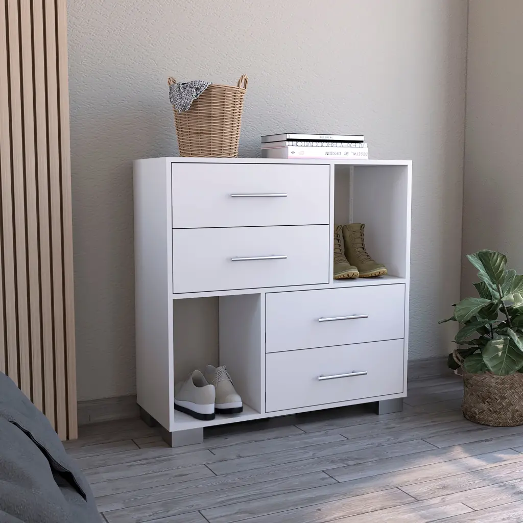 Sunflower Gown Four Drawers Two Open Shelves White Bedroom Contemporary Dresser fm furniture