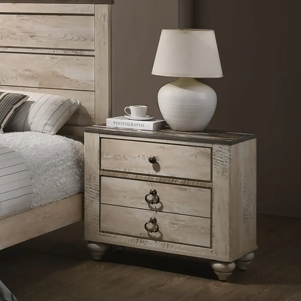 Imerland Contemporary Patched Timber Top 3 Drawer Nightstand Antique Brass hz