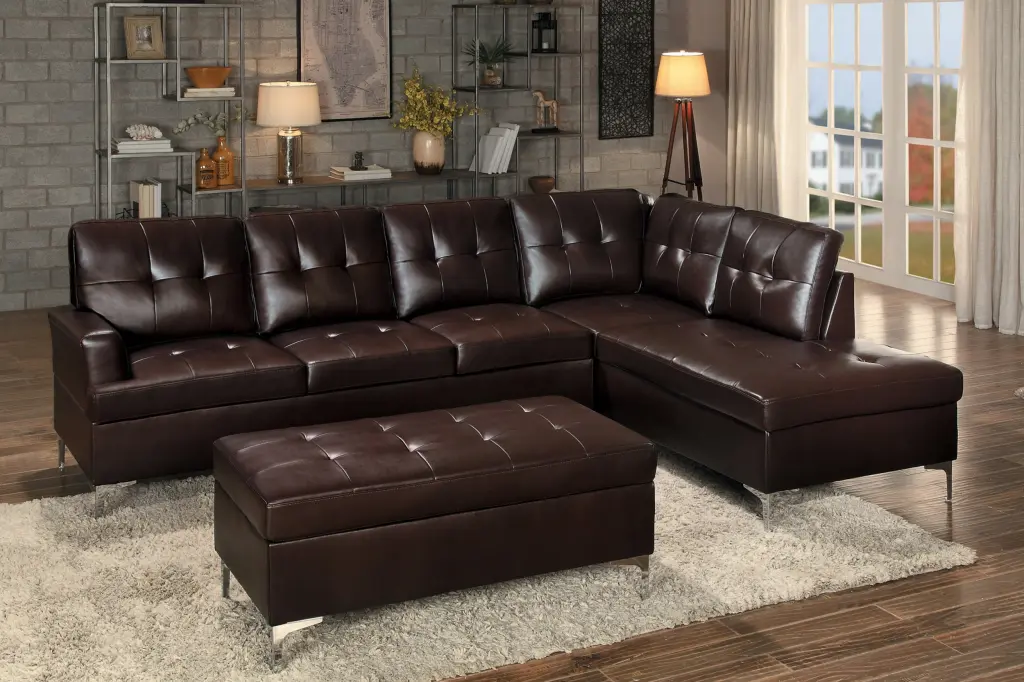 Contemporary Brown 3 Piece Sectional Sofa RSF Chaise Ottoman Tufted kanepe