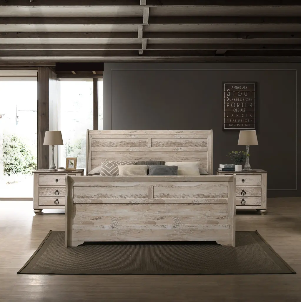 Imerland Contemporary White Wash Finish 3 Piece Bedroom Set Sleigh Bed hz