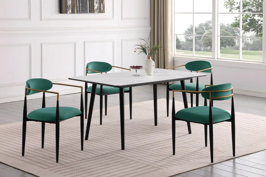 Modern Contemporary 5 Piece Dining Set White Sintered Stone Table and Green Chairs kanepe