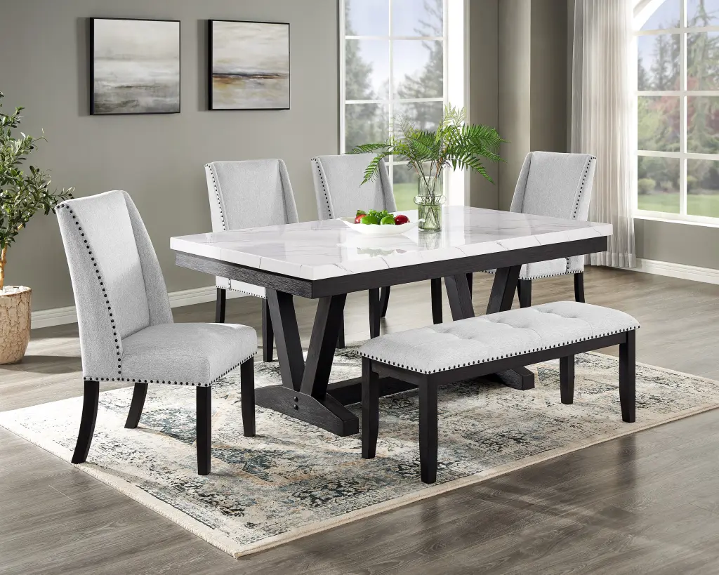 6 Piece Contemporary Dining Set White Faux Marble Rectangular Table kanepe