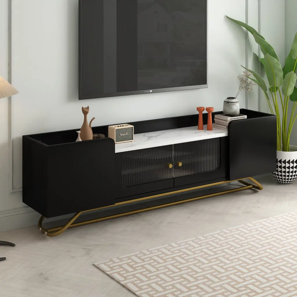 ON-TREND Sleek Black TV Stand Fluted Glass and Faux Marble Top Gold Frame Base TVs up to 70 OMCCHK