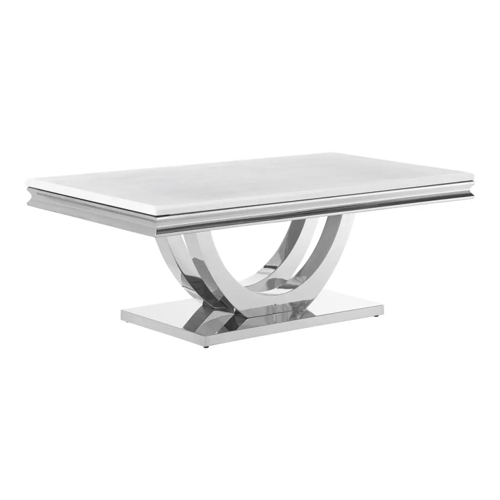 Kas 51 Inch Rectangular Coffee Table White Stone Top Polished Chrome Base Saltoro Sherpi