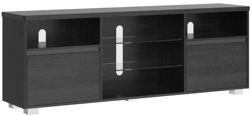 VASAGLE TV Stand 70 Inch Entertainment Center Open Glass Shelves and 2 Cabinets Black