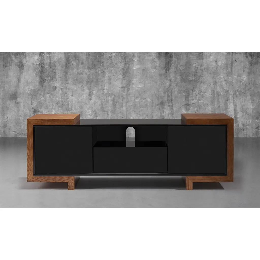 75 Contemporary TV Stand Media Console High Gloss Black Lacquer Case Oak End Caps Furnitech