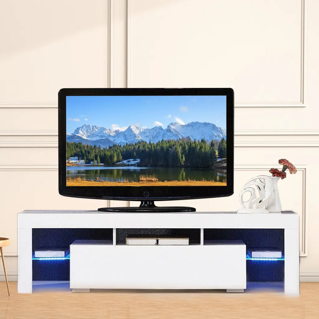LELINTA TV Stand 52 Inch Television Open Storage Shelves White Entertainment Center