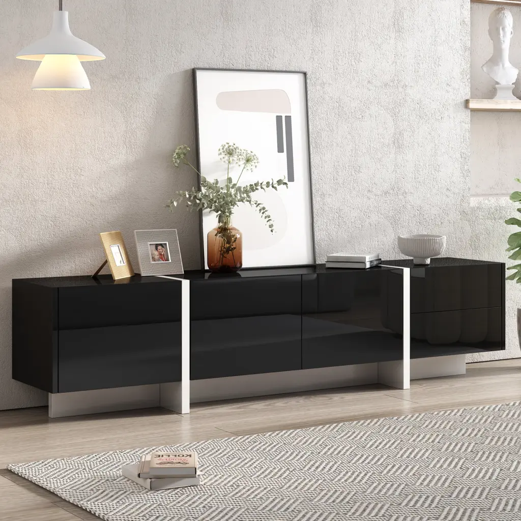 White Black Contemporary Rectangle Design TV Stand Modern TV Cabinet High Gloss UV Surface TVs Up to 80 Miekor