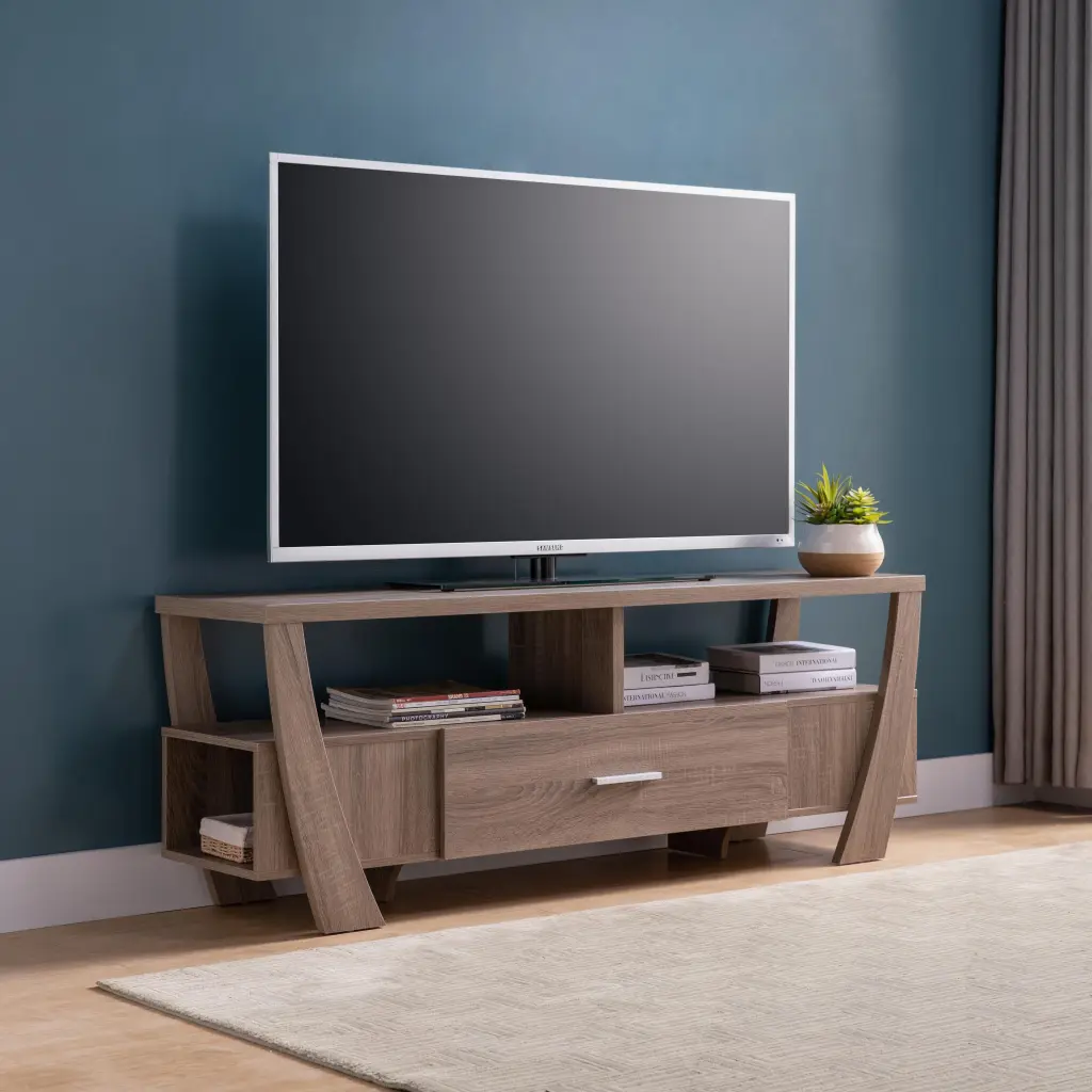 Contemporary TV Stand Four Shelves and One Drawer - Brown - Stylish Entertainment Center Living Room OMCCHK