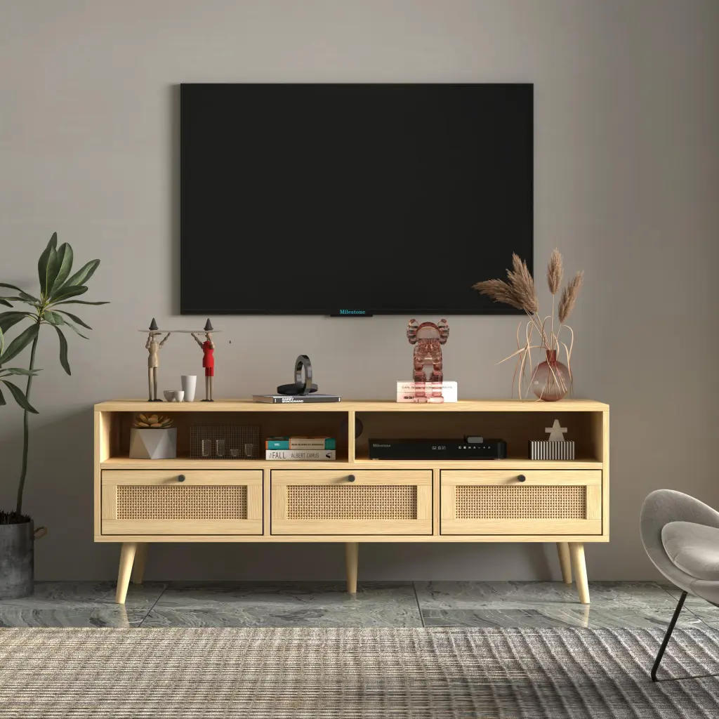 UBesGoo Modern TV Stand Wooden Cabinet Rattan Console Table Drawers and Shelves
