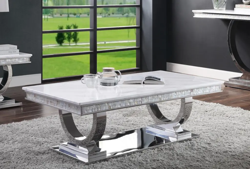 DeeHome ACME Zander Coffee Table White Printed Faux Marble Mirrored Silver Finish