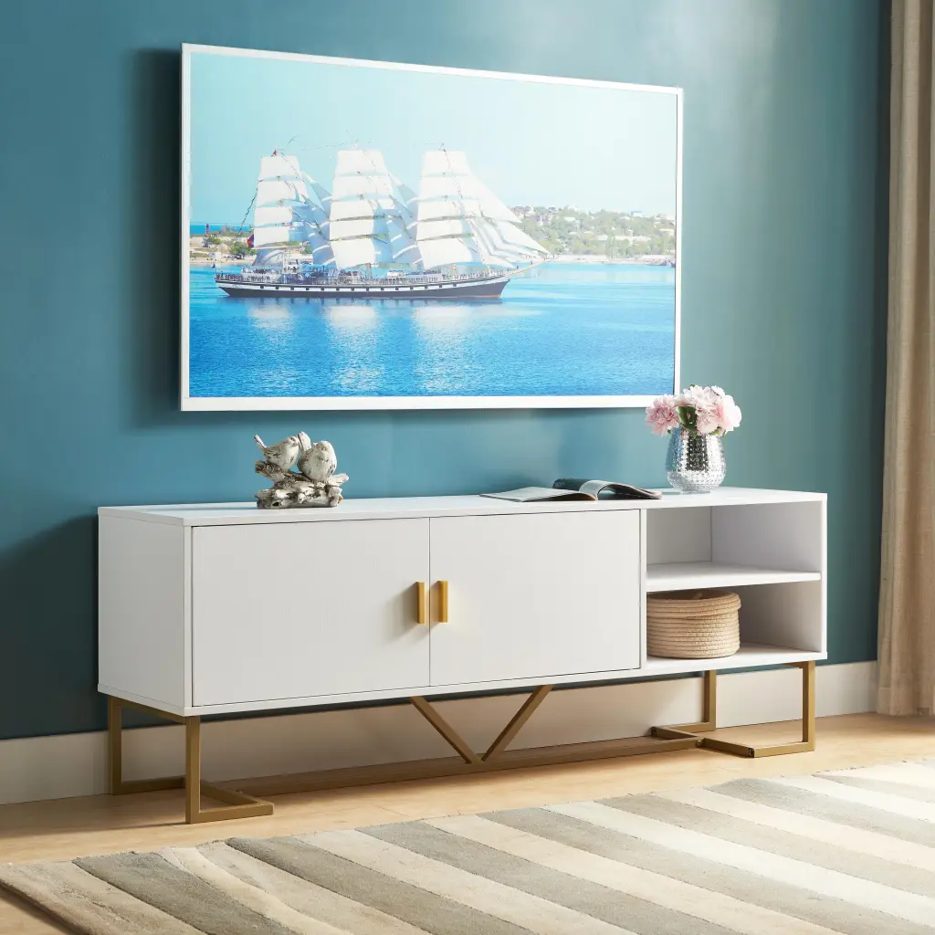 White and Gold Entertainment Stand Two Shelves and Two Door Cabinet - TV Stand DJ Corp Design