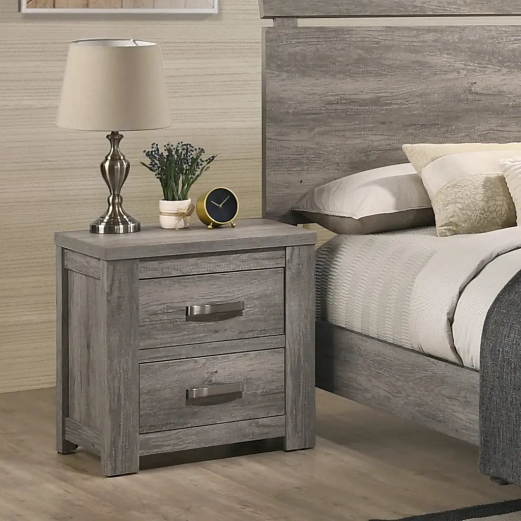 Floren Contemporary Wood Two Drawer Nightstand Weathered Gray Bedside Table hz