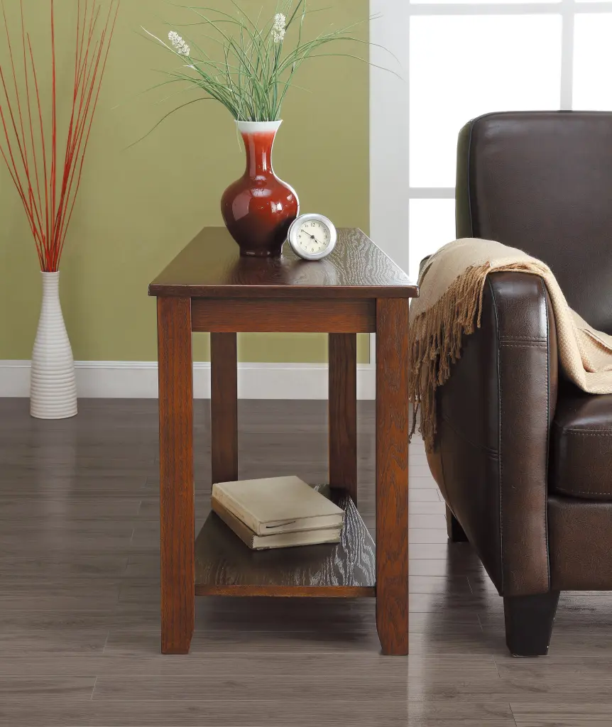 Contemporary Espresso Finish Chairside Table Lower Shelf Wedge Shape kanepe