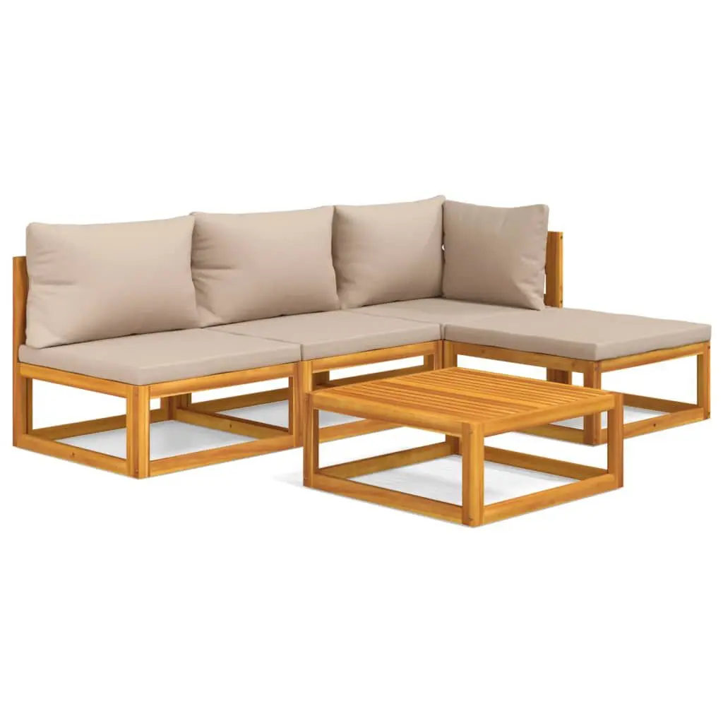5 Piece Patio Lounge Set Taupe Cushions Solid Wood Outdoor Conversation Set