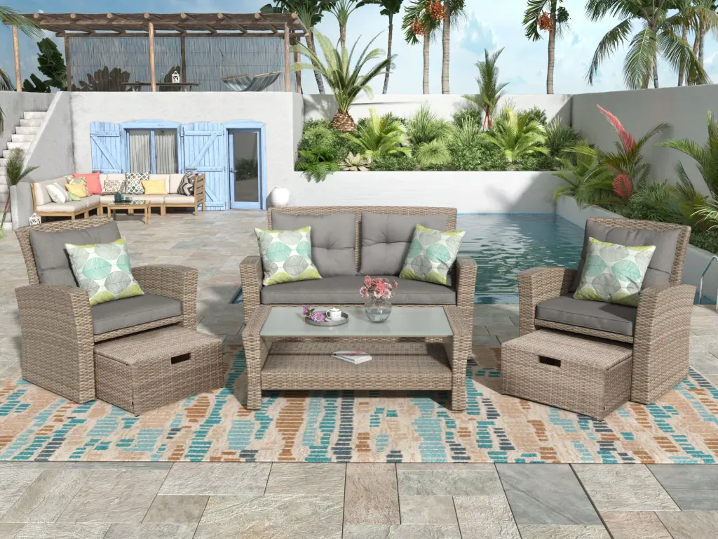 4 Piece Outdoor Conversation Set All Weather Wicker Patio Decor u_style