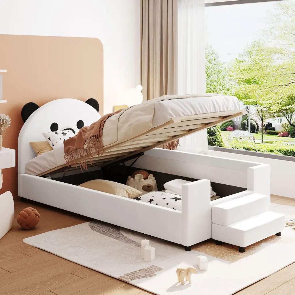 Twin Dimensions Upholstered Daybed Bear Headboard Hydraulic Storage System Convertible Sofa Bed lucky world