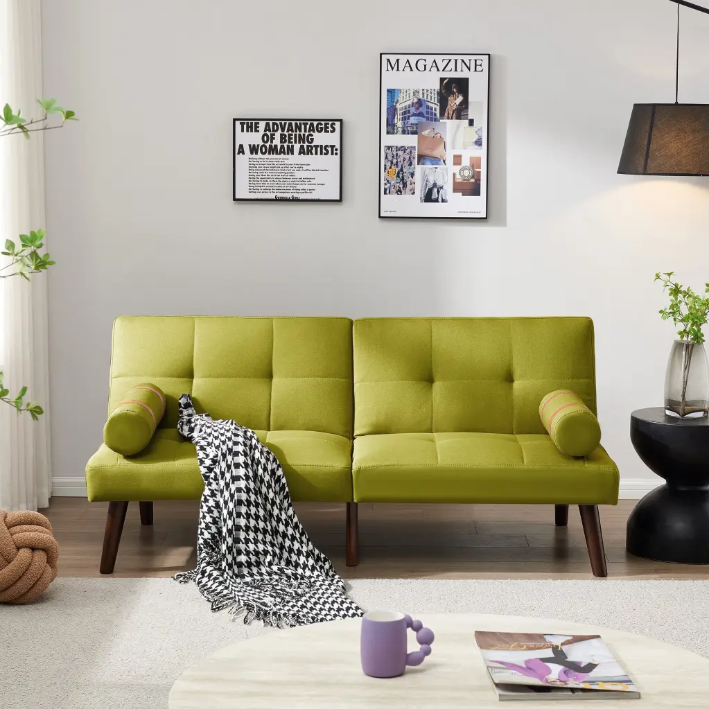 Convertible Sofa Bed Futon Solid Wood Legs Linen Fabric Mustard Gold hdf store