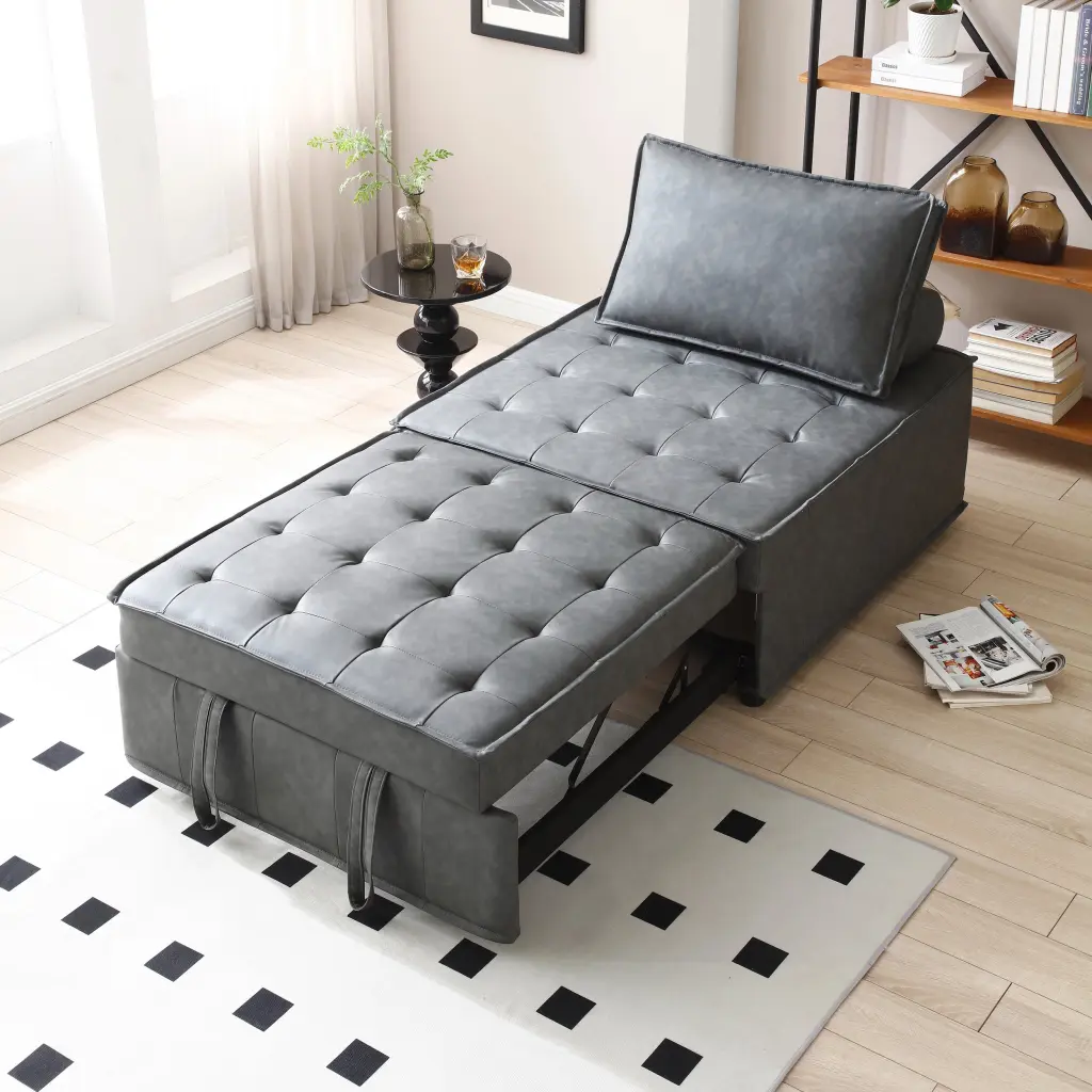 Multipurpose Faux Leather Ottoman Lazy Chair Pull Out Sofa Bed Dark Brown hdf store