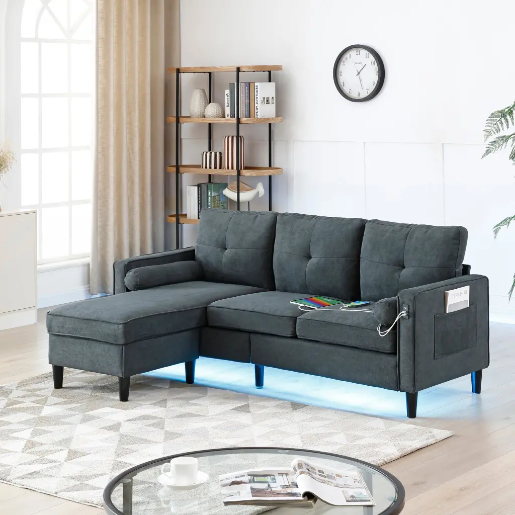 75.2 Inch Convertible Sectional Sofa Couch 2 Side Pockets Modern Design aijiafurniture