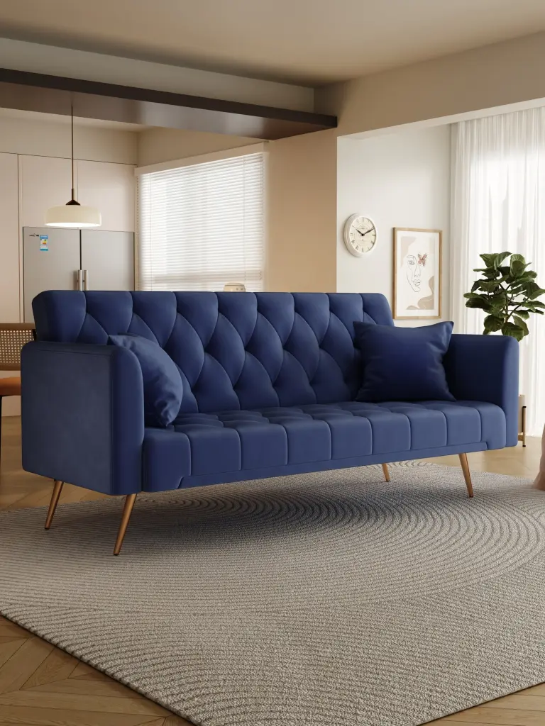 71 Inch Convertible Seat Sofa American Retro Blue Velvet Material fan chen furniture