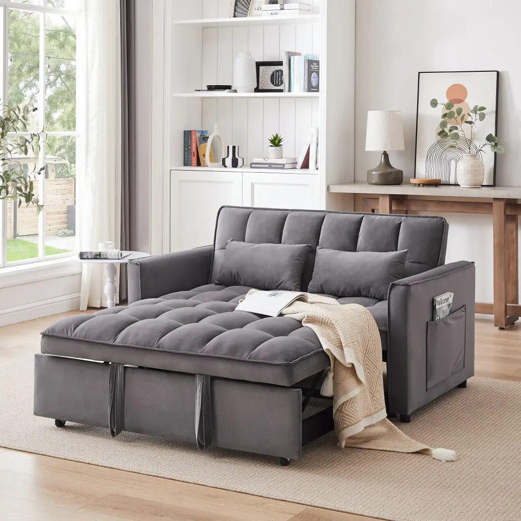 55.1 Inch 3 1 Convertible Sofa Bed Modern Velvet Double Sofa Futon Living Room fm home