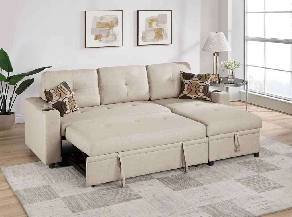 Beige Dorris Material Convertible Sectional Sofa Pull Out Bed Couch Storage kanepe