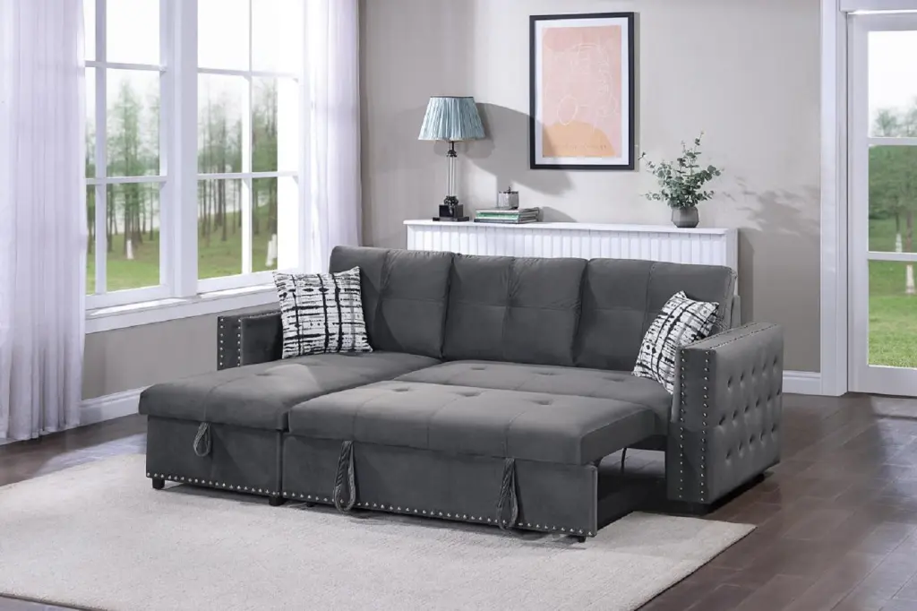 Gray Velvet Convertible Sectional Sofa Pull Out Bed Storage Chaise kanepe