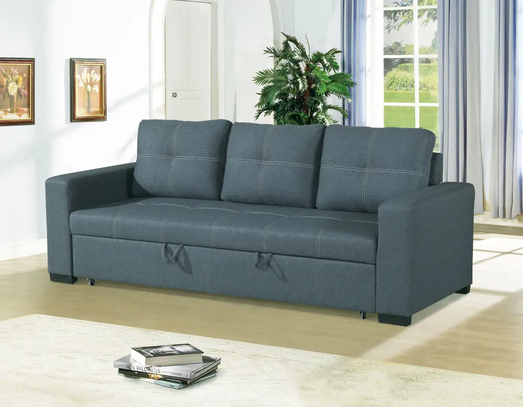 Convertible Sofa Black Faux Leather Blue Grey Fabric Modern Design poundex