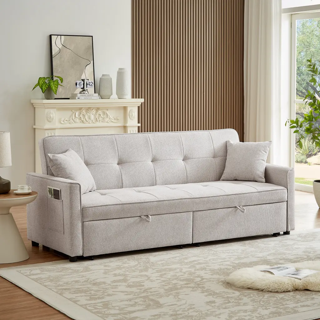 83.47 Inch Large Ivory 3--1 Convertible Sleeper Sofa Bed rnb