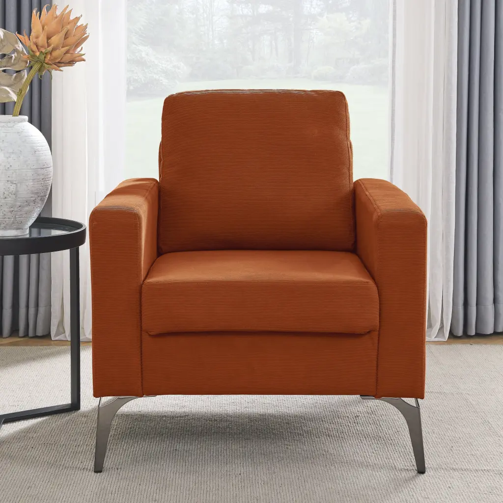 Sofa Chair Square Arms And Tight Back Corduroy Orange Foam Comfortable Accent Chair chuangyuan smart home