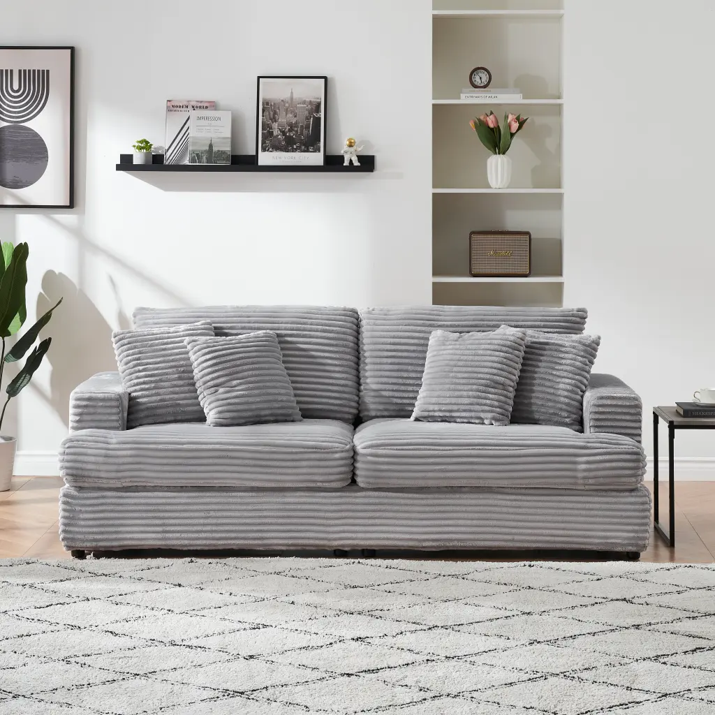 79.3 Inch Corduroy Sofa 4 Matching Toss Pillows Polished Design Spacious fan chen furniture