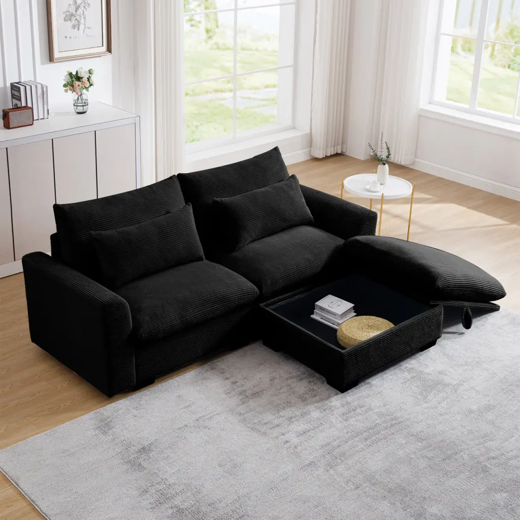 Sectional Sofa Comfy Corduroy Couch Living Room Pillows and Rolled Arms ui furniture