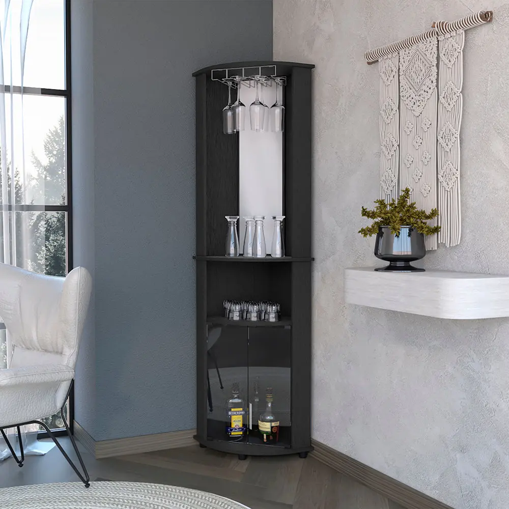 Kempwell 2 Door 2 Shelf Corner Bar Cabinet Crystal Rack Black furniture max
