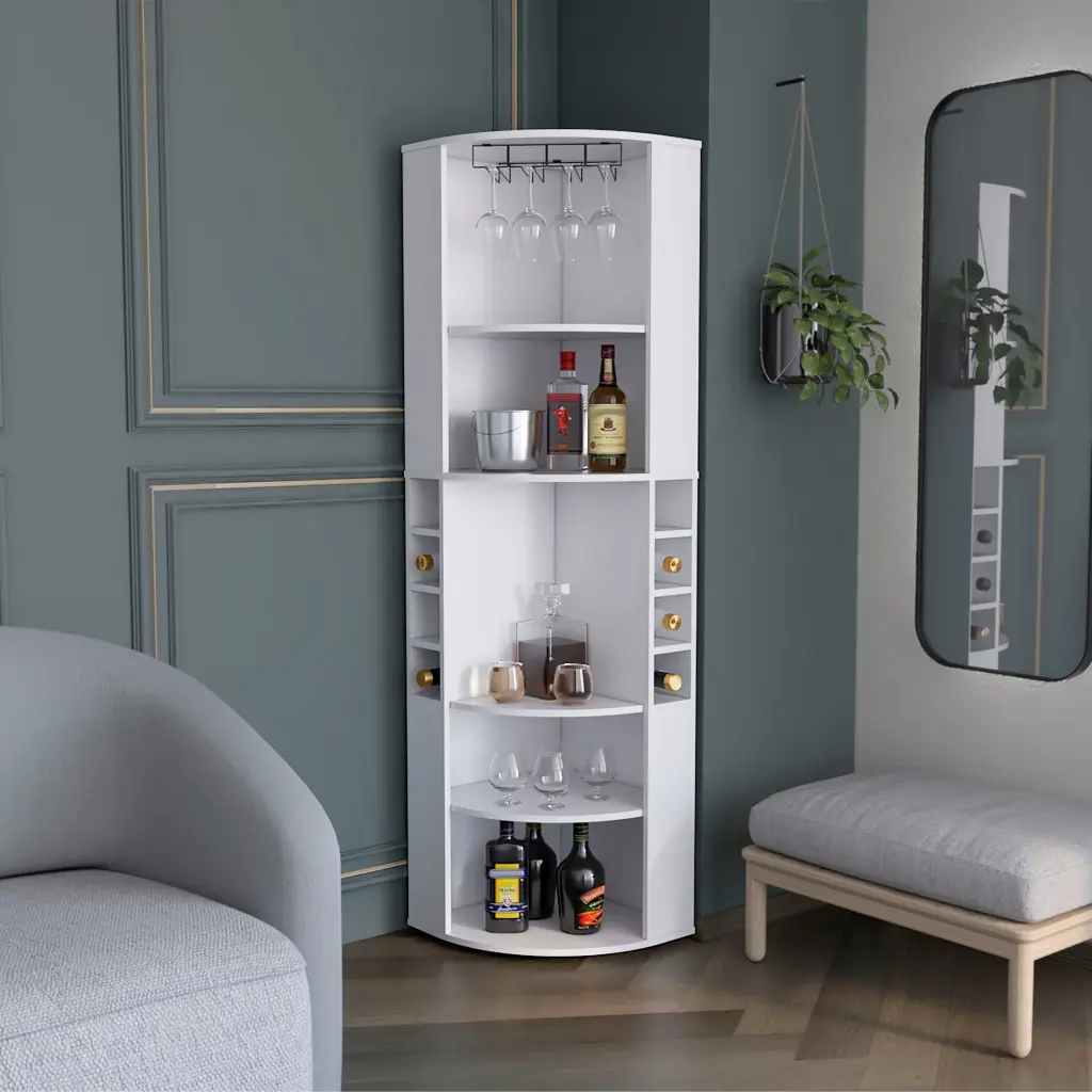 Oban Corner Bar Cabinet Five Shelves Eight Bottle Cubbies and Storage rta muebles colombia