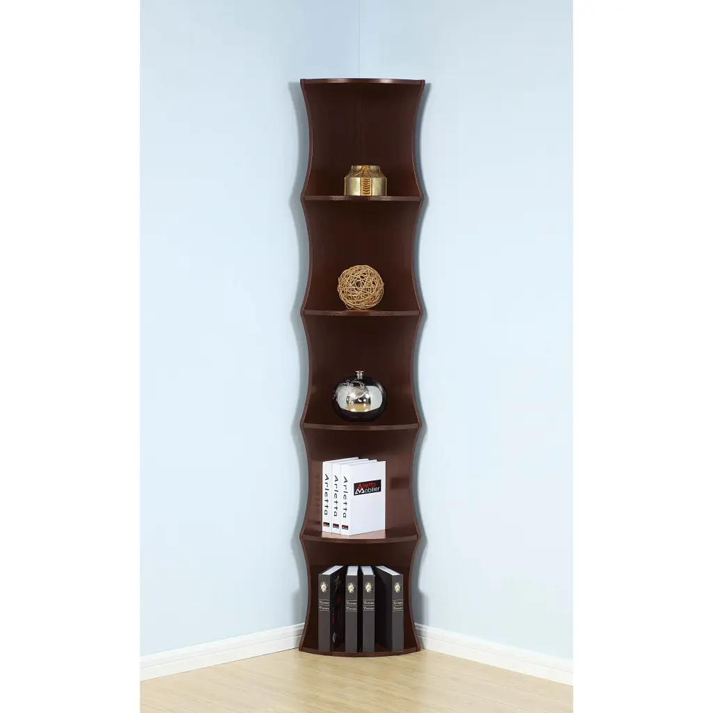 Five Shelf Corner Bookcase Rounded Shelf Fronts Quarter Circle Red Oak Finish id international- inc.