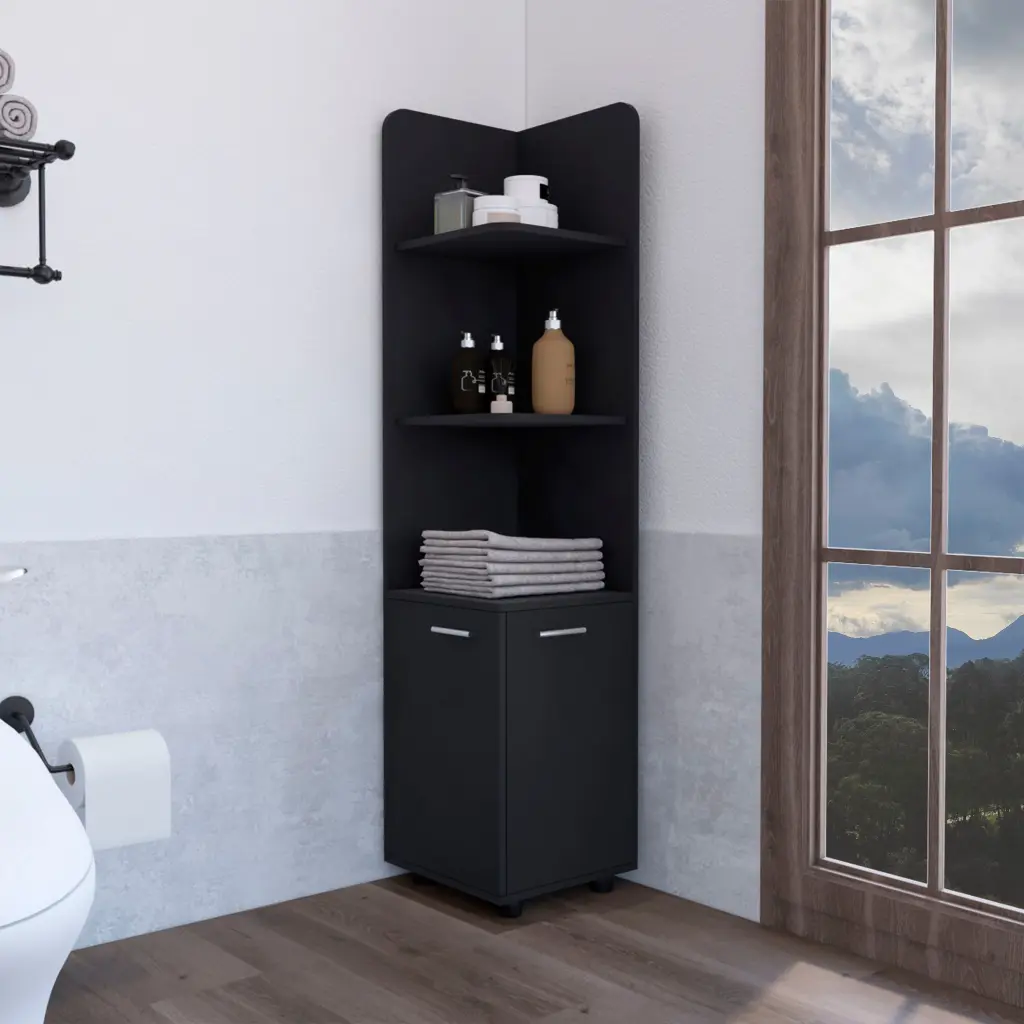 Corner Cabinet 62H Tall 3 Tier Shelf and 2 Door Black Contemporary Storage depot e-shop