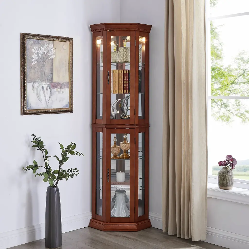 Corner Curio Cabinet Lights Customizable Tempered Glass Shelves harmony