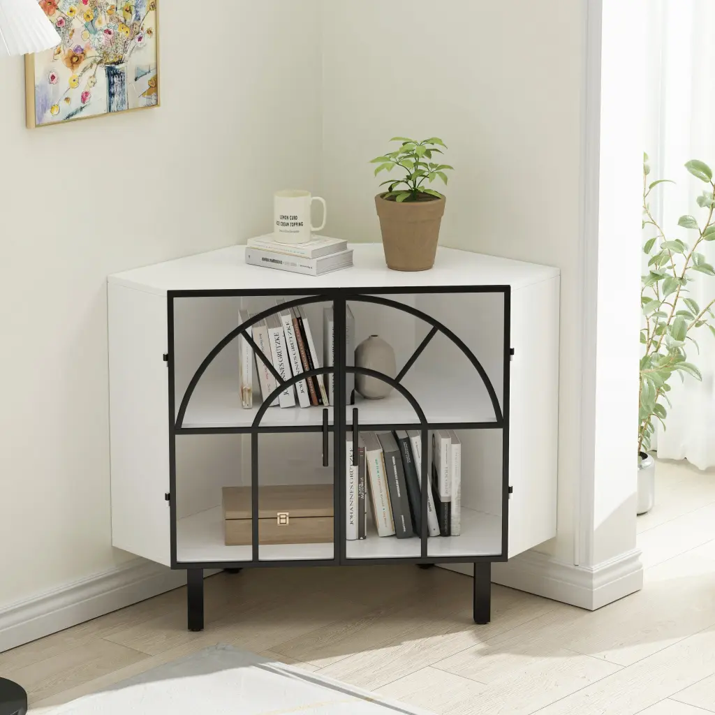 37.4 Inch Glass Two Door Hexagonal Corner Cabinet Living Room rnb